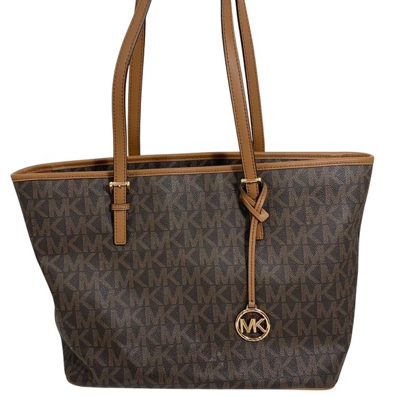 MICHAEL KORS Jet Set Brown MK Signature Zip Tote Top Zip Bag Gold MK Charm - Picture 1 of 11